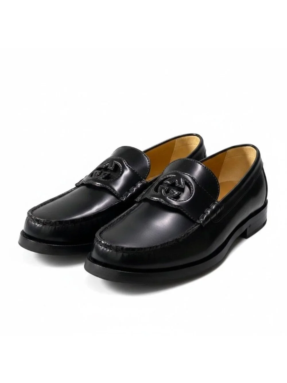 Gucci E4 Interlocking GG Logo Loafers Shoes Dress Slip Ons 8.5 Black Leather